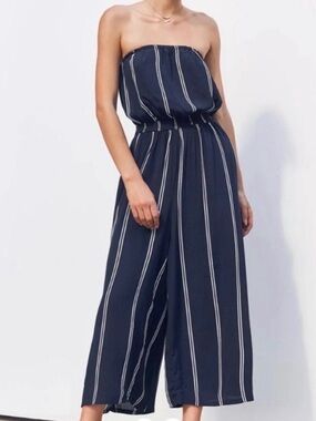 Libby Edelman Striped Strapless Wide Leg Jumper - Navy & White Small